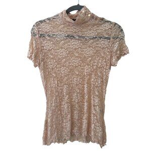 Reba Womens Tan Lace High Neck Short Sleeve Top L Rare
